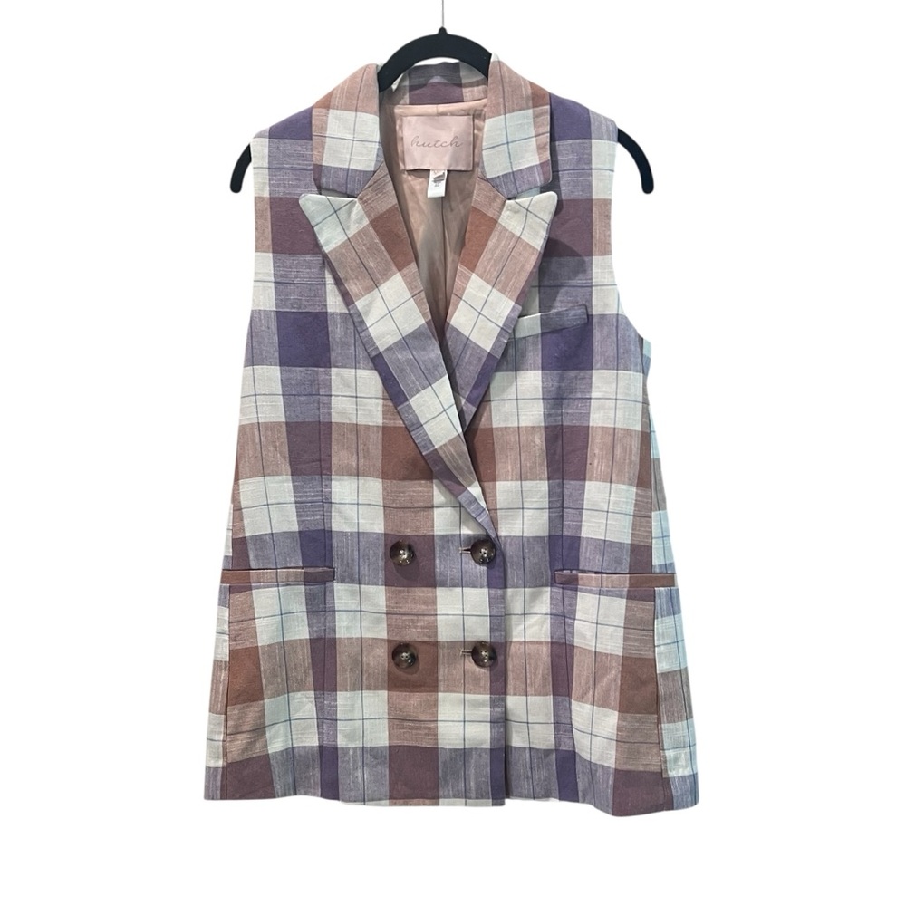Hutch Anthropologie Plaid Linen‎ Long Line Vest Purple Cream Size XS
